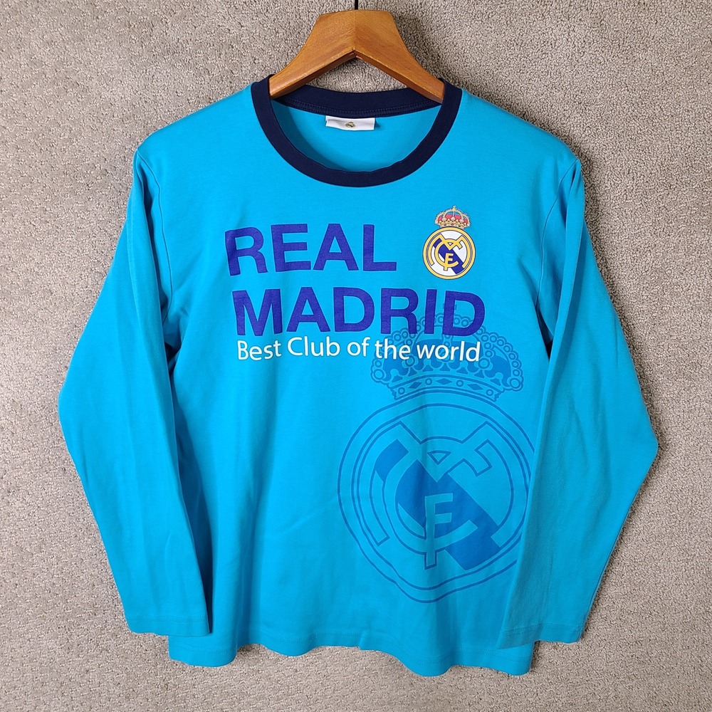Real Madrid Shirt Mens Small Blue Graphic Tee Cotton Long Sleeve Casual Soccer